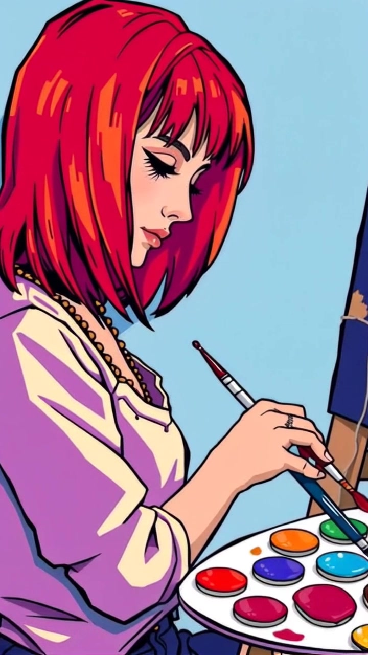 Scene: Close-up of hands intensely at work, painting with vibrant colors on a palette. Style: Well-lit with bright, inviting light that enhances the colors' vibrancy. Motion: Camera pushes in smoothly on the hands as they dynamically mix paint, capturing the texture and movement of the brush strokes in a rhythmic flow.