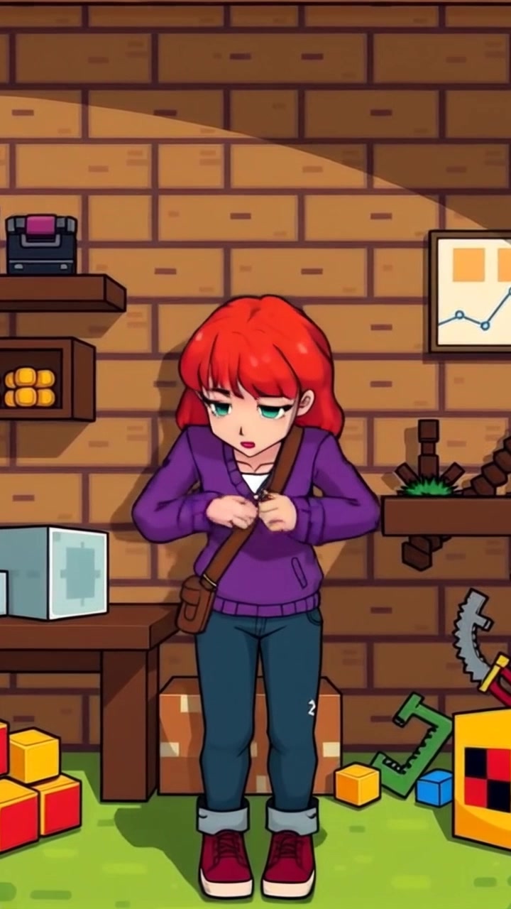 Subject: A character looking anxious. Subject movement: The character shifts nervously from side to side next to a crafting table. Scene: Inside a vibrant Minecraft world, the crafting table is cluttered with scattered blocks and items under a bright pixelated sky. Style: Bright, blocky lighting with colorful shades highlighting the pixelated textures. Motion: The camera captures a close-up of the character's fidgety movements as it subtly pushes in, emphasizing the scattered crafting materials around, creating a sense of urgency and anticipation.
