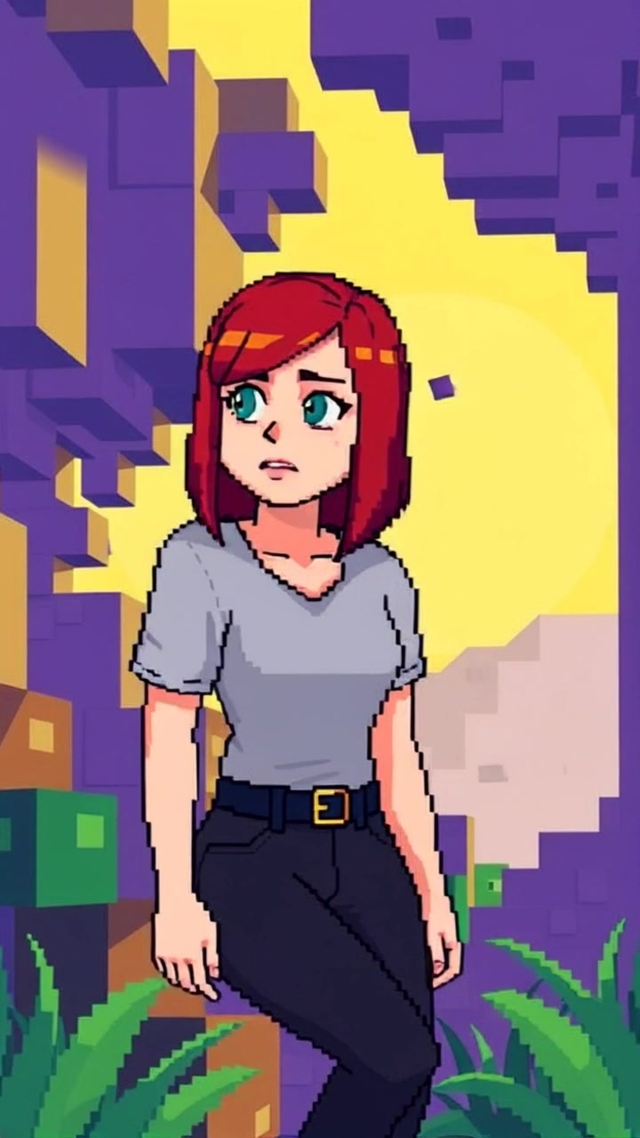 Subject: A character named Lulu glancing around nervously. Subject movement: Lulu shifts her gaze quickly from side to side, surveying her surroundings for potential escape routes. Scene: A blocky, colorful Minecraft environment filled with tall trees and pixelated structures. Style: Bright, vibrant lighting emphasizing the whimsical feel of the game world. Motion: Camera begins with a close-up on Lulu's face, then seamlessly transitions to a wider shot capturing her as she turns and moves cautiously through the terrain.