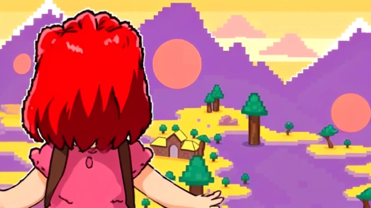 Subject: Emma, filled with excitement, looking around in awe. Subject movement: She spins joyfully, taking in the vibrant pixelated terrain that surrounds her. Scene: A fantastical digital landscape with colorful pixelated mountains and lush fields stretching into the distance. Style: Bright, cheerful lighting reflecting the vibrant colors of the terrain, embodying a sense of wonder. Motion: The camera executes a dynamic 360-degree pan around Emma, capturing her joyful expression and the stunning surroundings.