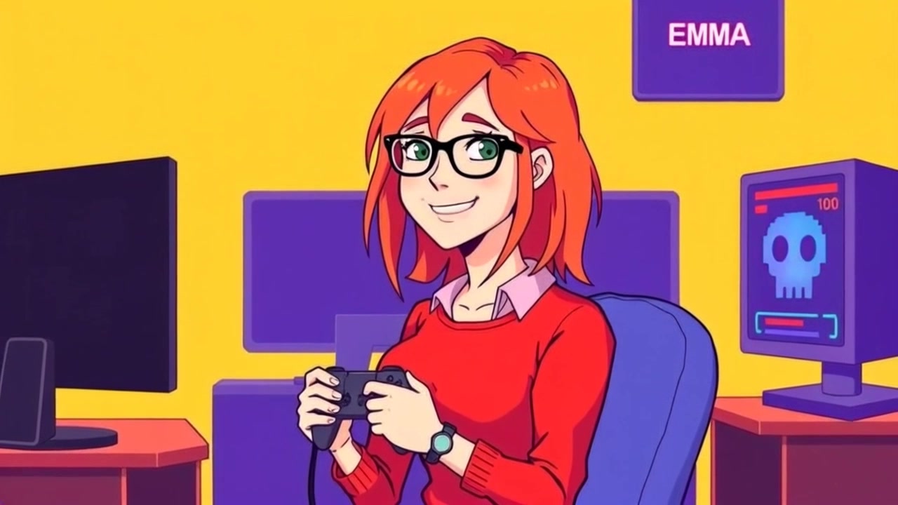 Subject: A young woman seated comfortably, holding a game controller with a confident smile. Subject movement: She shifts slightly, engaging actively with the game, her fingers moving deftly over the controller buttons. Scene: Cozy gaming room illuminated by multicolored LED lights from the screens and ambient lighting. Style: Warm, inviting glow, reflecting a relaxed and playful atmosphere. Motion: Camera pulls back gradually to reveal more of the gaming setup, capturing the excitement of the scene as it focuses on Emma's animated expressions.
