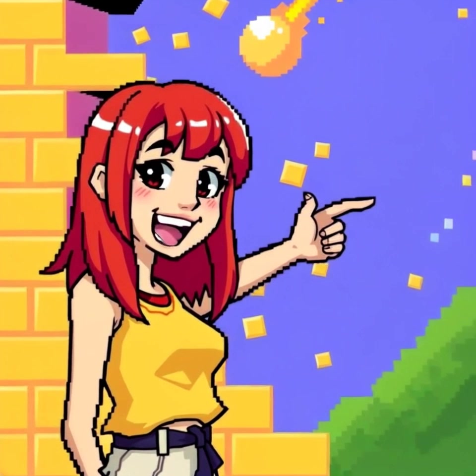 Subject: A young woman with a playful grin, pointing enthusiastically at her vibrant, blocky surroundings. Subject movement: She shifts her weight slightly as she gestures, amplifying her excitement. Scene: A colorful, pixelated environment populated with blocky structures and textures reminiscent of a video game. Style: Bright and cheerful lighting, emphasizing the vivid colors of the blocky landscape. Motion: The camera slowly zooms in on her expression, panning around her to capture the full scope of the playful environment she is in.