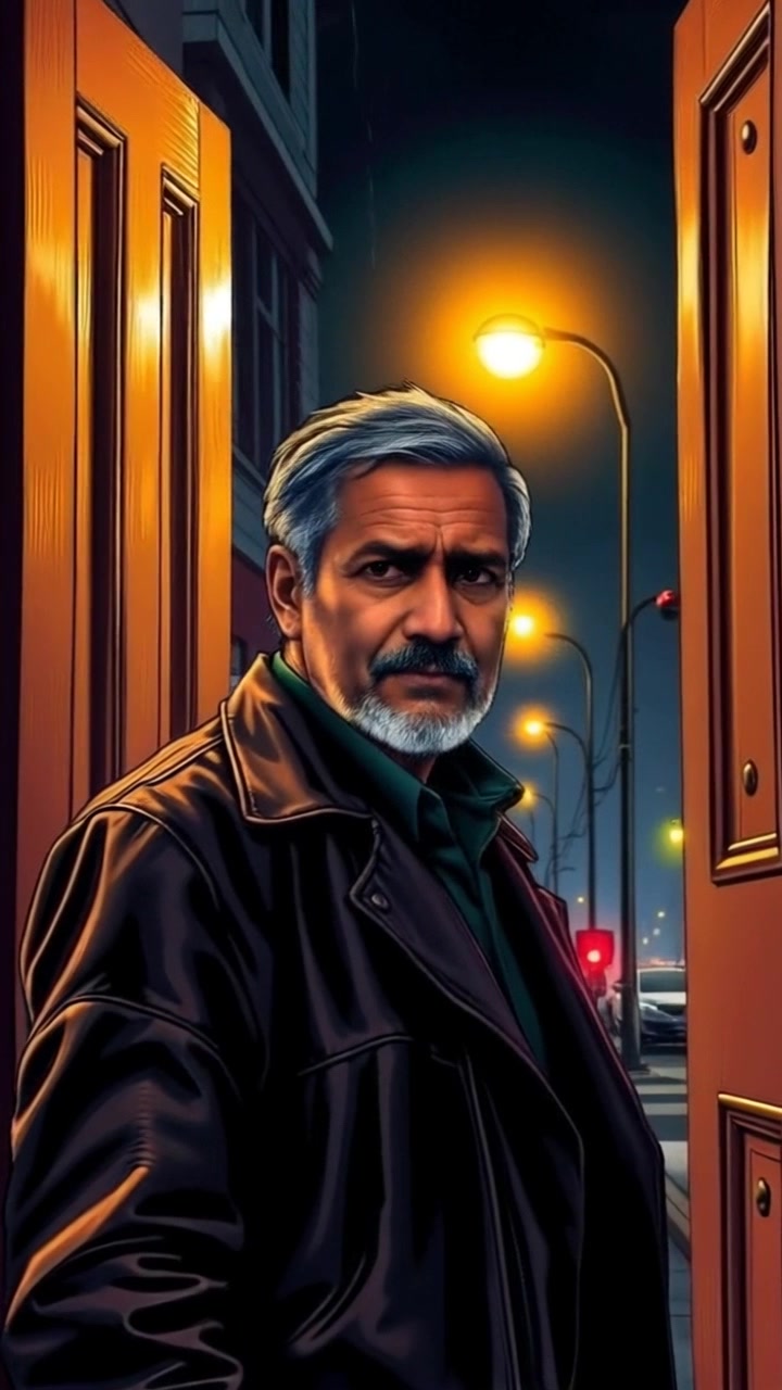 Subject: A man standing at a door with a serious expression, looking out into a dark street. Scene: Man at an entrance, gazing out into a dimly lit street, where the solitary glow of a streetlight casts shadows around him. Style: Moody light with high contrast, emphasizing the tension of the night scene. Motion: Camera slowly pushes in on the man, capturing his intense gaze while the surrounding darkness deepens the atmosphere.