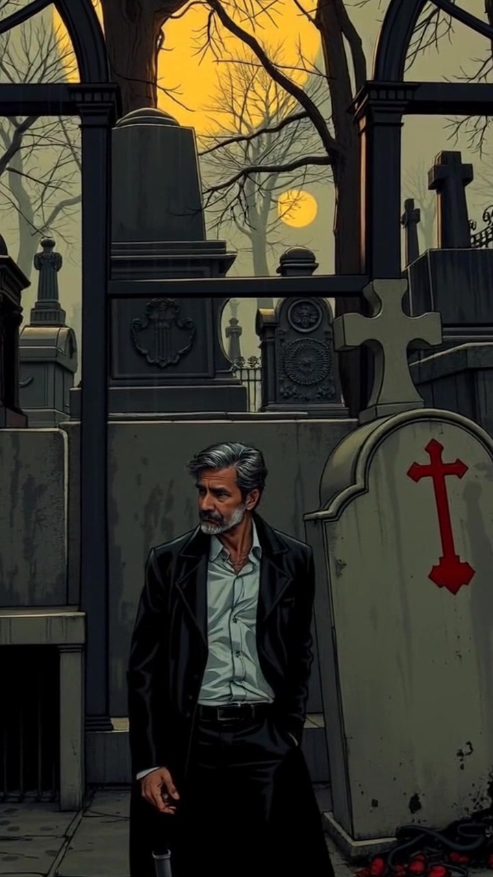 Subject: A figure stands contemplatively in an old cemetery, staring somberly at a tombstone. Subject movement: The figure shifts slightly, revealing a sense of introspection amidst the solemn atmosphere. Scene: An old cemetery with weathered tombstones surrounded by gnarled trees and overgrown grass, evoking a sense of history and loss. Style: Moody, soft light filtering through the trees, enhancing the somber tones of the setting. Motion: The camera slowly pushes in on the figure, capturing the depth of emotion in their expression, while gently swaying to mimic the stillness of the surroundings.