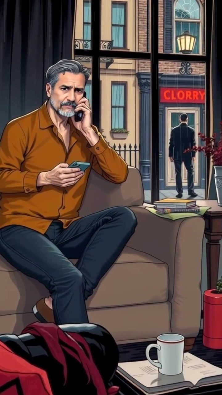 Subject: A person sitting on a couch in a cozy living room, holding a phone with a concerned expression. Subject movement: The person shifts slightly forward, showing engagement with the phone as they lean in closer. Scene: A warm and inviting living room with soft lighting, plush furniture, and decorative items on the walls. Motion: The camera gently pushes in from a wider angle to focus on the subject, highlighting their emotions, while the ambient light creates a comforting atmosphere.