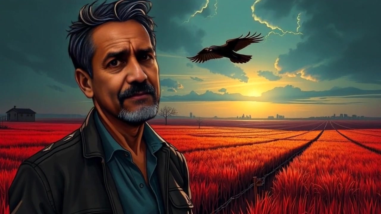 Subject: A farmer standing in his field, looking worried as dark clouds gather overhead. Scene: Wide agricultural landscape under an ominous sky, with rows of crops stretching into the distance. Style: Dramatic, moody lighting with heavy shadows cast by the approaching storm clouds. Motion: Camera slowly pushes in on the farmer's anxious expression, capturing the tension in his body language as he scans the horizon.