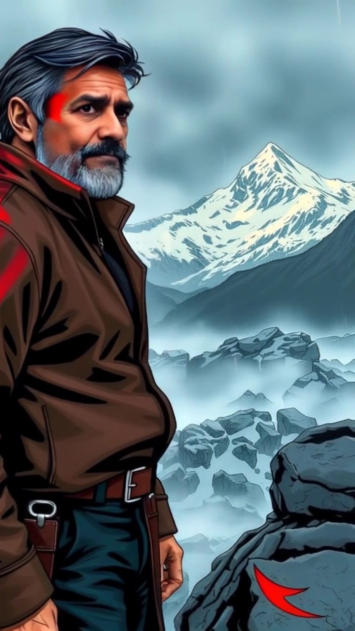 Subject: A figure standing at a rocky outcrop. Subject movement: The figure gazes out towards the horizon, arms relaxed at their sides as a gentle breeze brushes through the scene. Scene: A rocky outcrop with a stunning view of snowy peaks in the background, capturing the essence of a vast mountainous landscape. Style: Cold, crisp lighting emphasizing the stark contrasts of the icy terrain. Motion: The camera slowly pushes in on the figure from behind, revealing the breathtaking backdrop, allowing for a moment of contemplation against the looming majesty of nature.