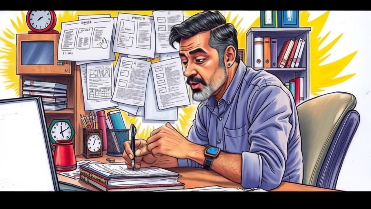 Subject: A person deeply engaged in writing at a desk, surrounded by scattered papers. Subject movement: The individual gestures animatedly while pondering, occasionally pausing to reflect. Scene: A cozy, cluttered study filled with bookshelves and dim table lamps, creating an intimate atmosphere. Style: Warm ambient lighting highlighting the textured surfaces of the desk and papers. Motion: The camera performs a smooth dolly-in towards the writer, capturing their focused expression and the chaotic stratum of notes, then gently tilts up to reveal the ceiling lined with books.