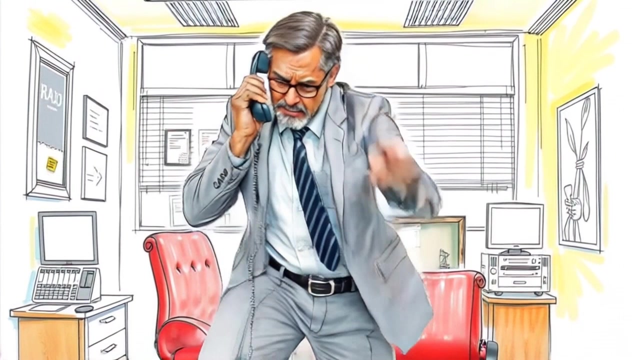 Subject: A man pacing furiously in his office. Subject movement: He strides back and forth with intense energy, telephone in hand, as he plots his next strategic move. Scene: A modern office filled with books and documents, walls lined with motivational posters, conveying a sense of urgency. Style: Bright overhead lighting creates a stark contrast with the shadows in the corners, highlighting the man's focused expression. Motion: Handheld camera follows closely behind him, capturing the rapid movement and frantic gestures, conveying tension and determination.