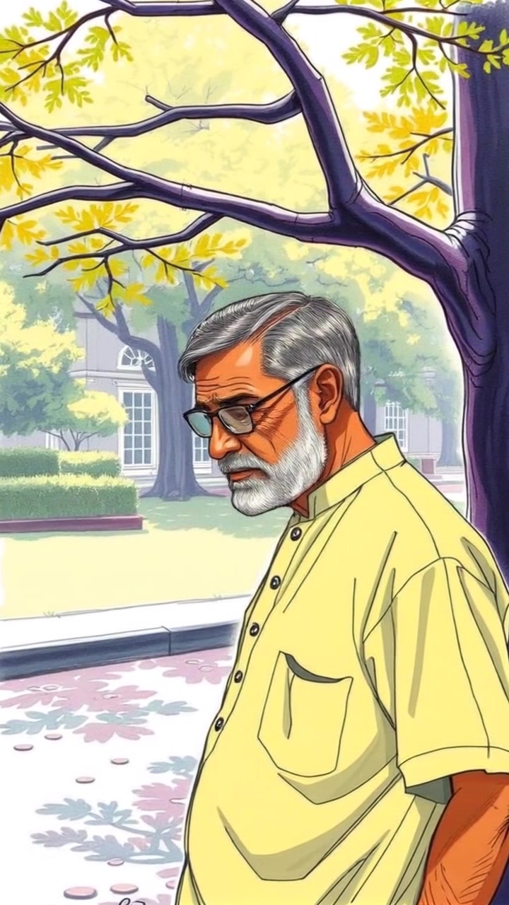 Scene: The Raj stands thoughtfully under a large tree in a small park, with scattered grass and benches in the background. Style: Soft, diffused morning light filters through the leaves, creating dappled shadows on the ground. Motion: The camera slowly pushes in, capturing the contemplative expression on The Raj's face as the leaves rustle gently in the breeze.