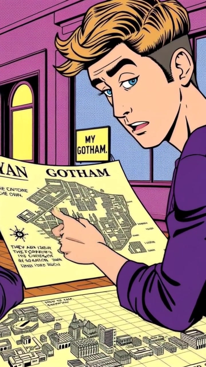 Subject: A focused individual scrutinizing a detailed map of Gotham, deep in thought. Subject movement: The individual gestures emphatically, tracing routes on the map with their finger while periodically looking up to make eye contact. Scene: A dimly lit, atmospheric room filled with shadows, emphasizing the seriousness of the discussion. Style: Warm, moody lighting with contrasting highlights on the map's features. Motion: The camera slowly dolly in for a close-up as the individual engages with the map, then seamlessly pulls back to include the surrounding environment, showcasing the intensity of the moment.