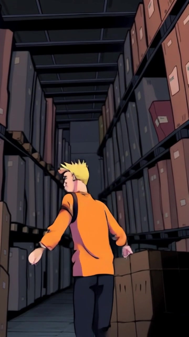 Subject: A person bursting into a dimly lit warehouse. Subject movement: The person strides confidently, exhibiting a joyful grin. Scene: A dark, moody warehouse filled with scattered boxes and crates, the atmosphere heavy with anticipation. Style: Dim lighting with soft shadows creating a mysterious ambiance. Motion: The camera follows closely behind, capturing the dynamic entrance as it sweeps around to reveal the interior of the warehouse.