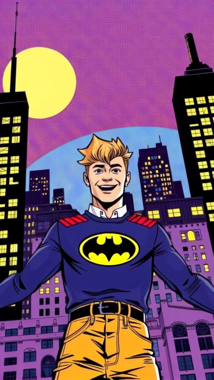 Subject: A joyful figure standing with arms spread wide against Gotham's skyline. Subject movement: The figure turns slightly, radiating happiness, as the camera rises from a low angle toward the expansive skyline. Scene: Gotham City skyline during twilight, with shimmering lights illuminating the towering buildings. Style: Ambient twilight light enhances the vibrant colors of the skyline, while soft shadows create a welcoming atmosphere. Motion: Camera performs a smooth upward pan, capturing the grandeur of the city lights as the figure joyfully embraces the view.