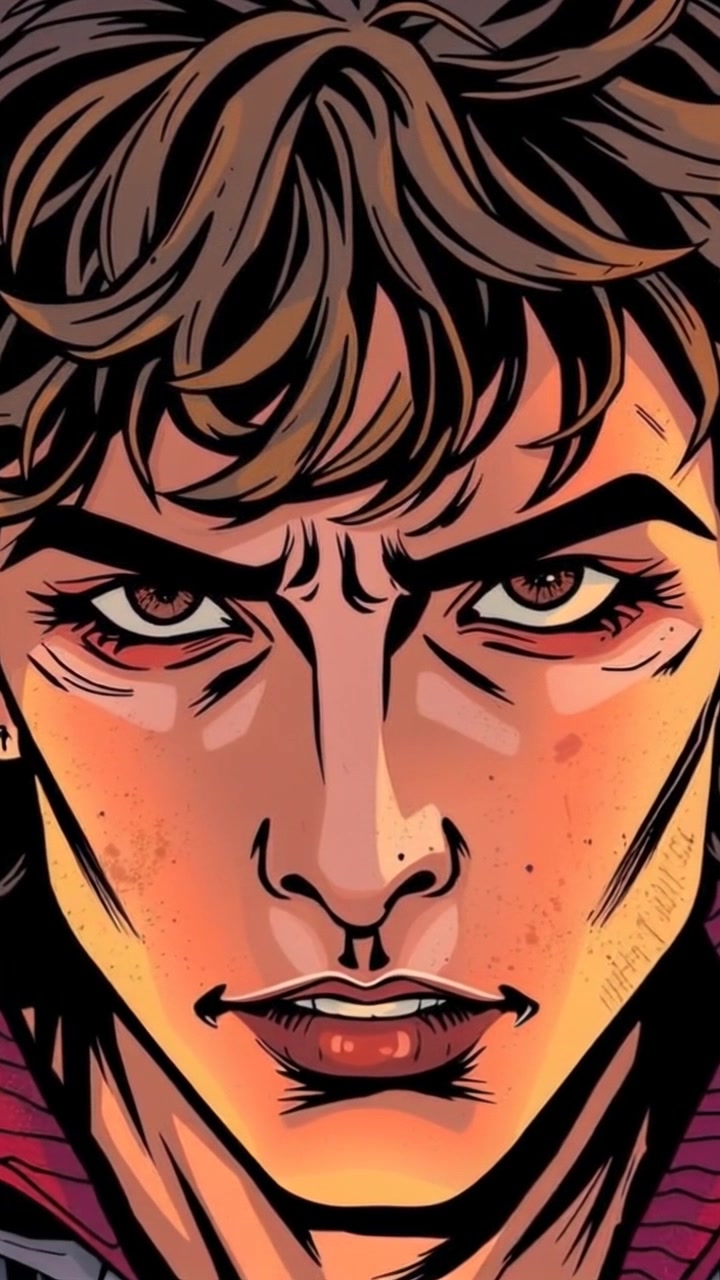 Subject: A determined boy with a focused expression. Scene: Close-up of the boy's face, framed against a chaotic background symbolizing a challenging environment. Style: Dramatic lighting emphasizing the glimmer in his eyes. Motion: The camera slowly pushes in closer to the boy's face, capturing the intensity of his gaze as the chaos swirls around him, creating a striking contrast between his stillness and the movement of the environment.