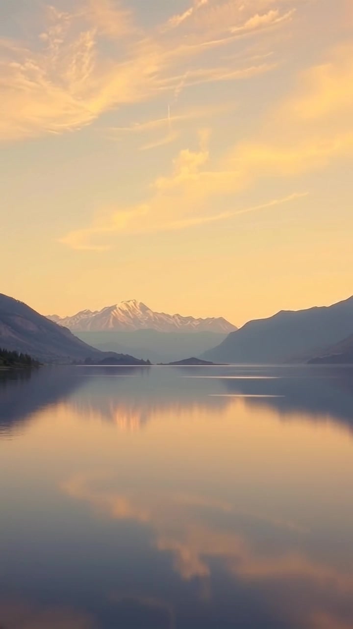Scene: A serene landscape with majestic mountains in the background and a calm lake reflecting the sky, surrounded by lush greenery. Style: Morning light casts a tranquil glow, highlighting the natural colors. Motion: Camera slowly pans across the landscape from left to right, capturing the peaceful reflection on the lake's surface, creating a gentle and inviting atmosphere.
