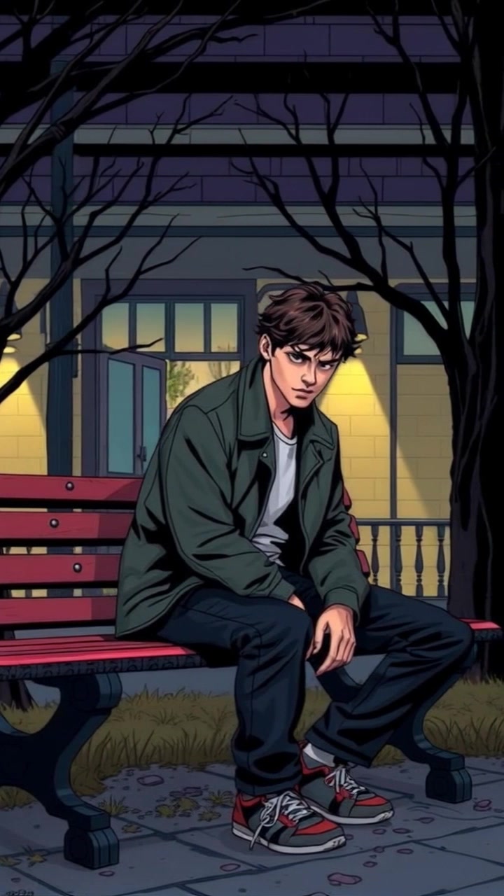Scene: A serene park setting with a lush green landscape and tall trees swaying gently in the breeze. Style: Soft morning light filtering through the leaves, creating a peaceful and inviting atmosphere. Motion: Slow, handheld camera movement gently circles Mateo on the bench, emphasizing his contemplative expression as he gazes down, with the background blurring slightly to enhance the focus on this quiet moment.
