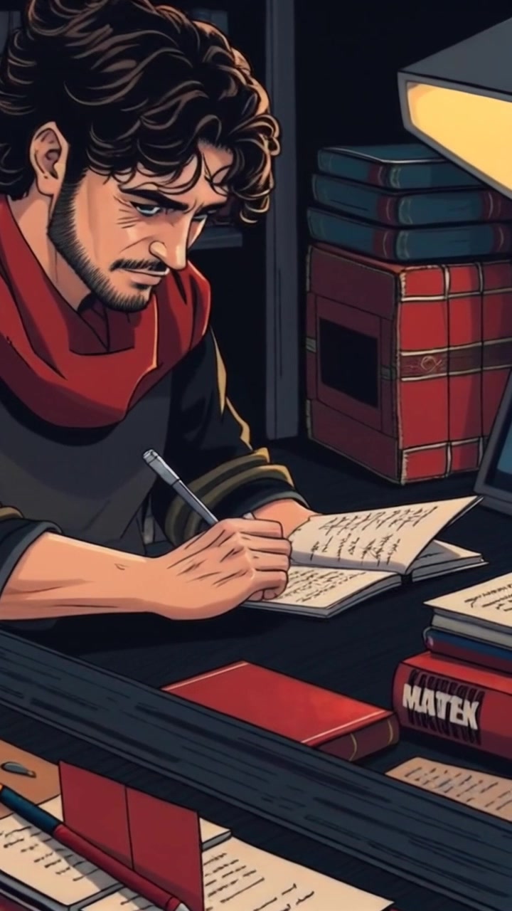 Subject: A focused individual writing in a journal at a cluttered desk. Subject movement: The individual jots down notes with a concentrated demeanor. Scene: A cozy workspace filled with books and scattered notes, set against a warm, ambient-lit backdrop. Motion: Camera gently pushes in on the desk, capturing the intricate details of the handwritten journal, while soft natural light illuminates the workspace creating an inviting atmosphere.
