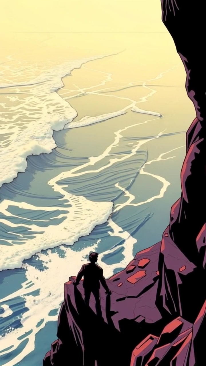Subject: A person standing at the edge of a cliff. Subject movement: The figure stands still, gazing out over the vast ocean. Scene: Dramatic cliffside with crashing waves below, the expansive ocean stretching toward the horizon under a vibrant sky. Style: Late afternoon light casts a warm glow on the cliff, enhancing the vivid colors of the ocean and sky. Motion: Camera slowly pans out from the figure, revealing the stunning panorama of the sea and the cliff's rugged terrain, while slight wind adds movement to the scene.