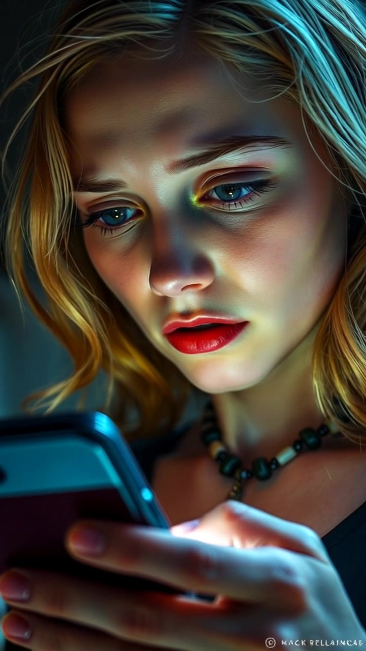 Subject: A young woman with a worried expression focused on her phone as she anxiously scrolls for messages. Scene: A cozy living room filled with soft, ambient light in the evening, with warm decor and cushions in the background. Motion: Camera pulls in with a close-up on her face, capturing every nuance of her expression as the light flickers slightly, creating a tense atmosphere as she waits for a reply.