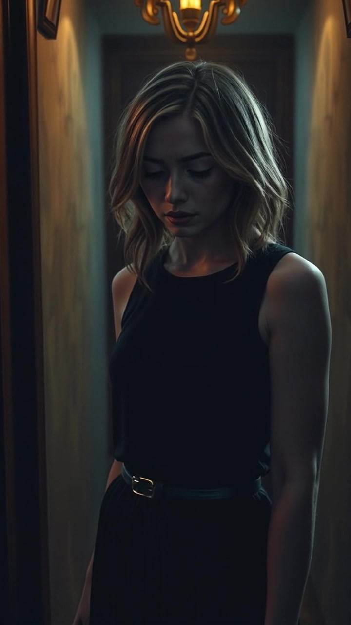 Subject: A person standing alone in a dimly lit room, head bowed in a moment of reflection. Scene: The room is filled with shadows, a single source of low light casts a warm glow, highlighting the contours of the space. Motion: The camera slowly pushes in closer, capturing the emotional depth in their expression, while soft ambient light transitions subtly, creating a moody atmosphere.