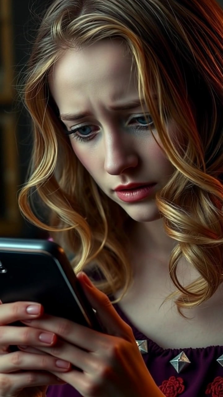 Subject: A young woman displaying shock and sadness. Subject movement: The woman is momentarily still, gazing intently at her phone, as if absorbing unexpected news. Scene: A softly lit room, cozy yet filled with an air of tension, personal items subtly scattered around, hinting at her life. Style: Warm, ambient lighting that contrasts with the emotional gravity of her expression. Motion: Start with a close-up shot of her face, capturing the intricate details of her expression, then slowly push out to reveal her surroundings as she takes a deep breath.