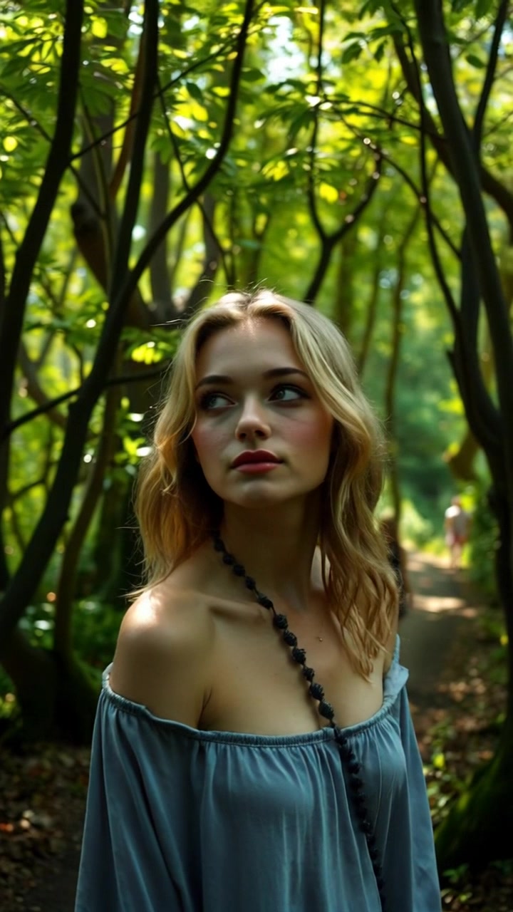 Subject: Jessica standing on a path in a lush green forest. Subject movement: She takes a slow, contemplative step forward, glancing around at the beauty of her surroundings. Scene: A vibrant, sunlit forest filled with thick foliage and dappled sunlight illuminating the path. Style: Gentle, warm morning light filtering through the trees, creating a serene and inviting atmosphere. Motion: The camera pans slightly upward to follow Jessica's movement while capturing her interaction with the enchanting forest environment.