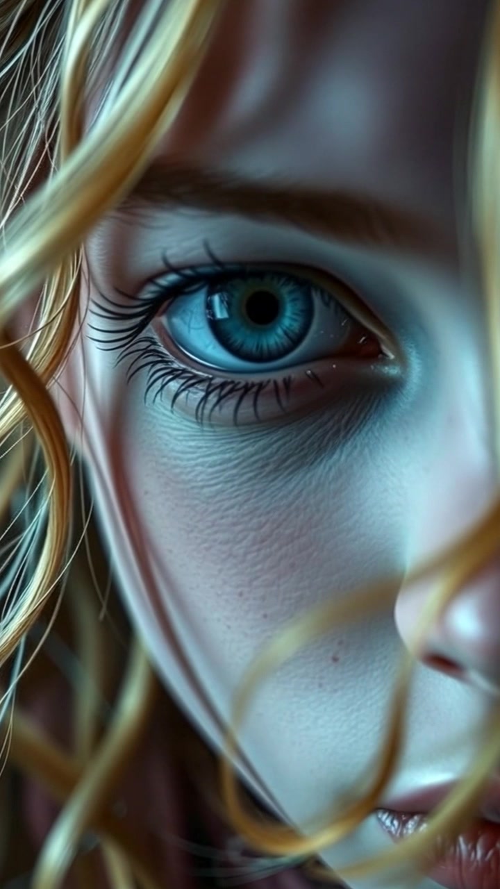 Subject: A young woman with wide eyes expresses a mixture of fear and curiosity. Scene: A close-up shot focuses on her face, surrounded by indistinct shadows, suggesting an ominous environment. Style: Soft, diffused ambient lighting gently illuminates her features, creating a sense of tension. Motion: The camera slowly pushes in, intensifying the viewer's connection to her emotions as her gaze shifts subtly, hinting at her reaction to an unseen event.