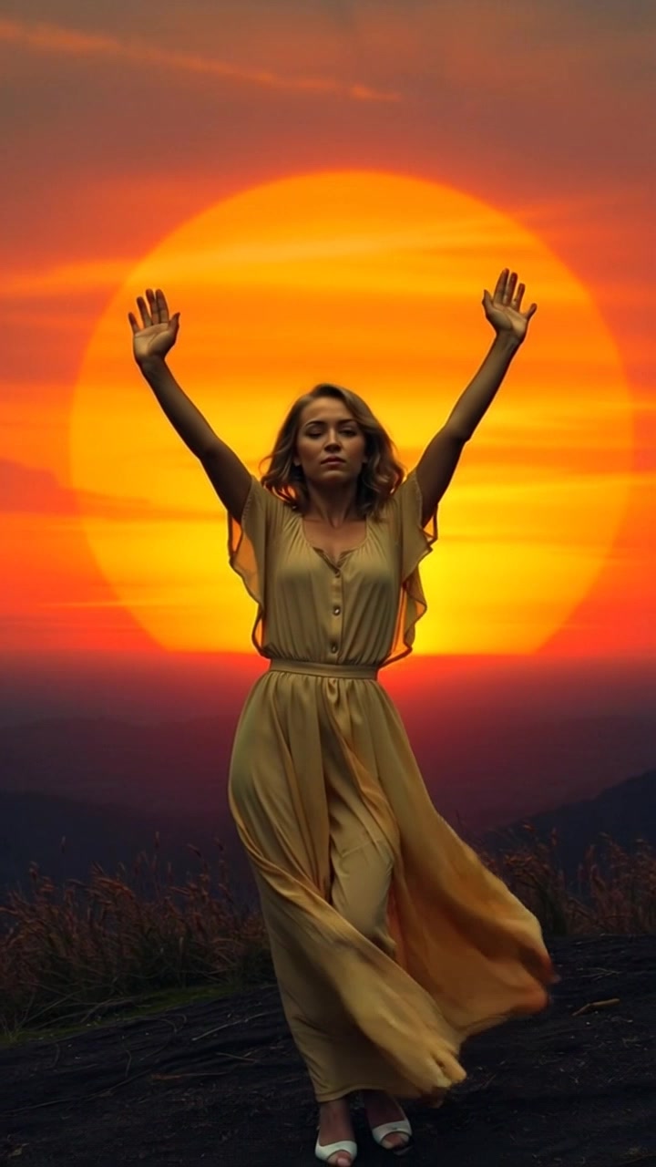 Subject: Ashley standing atop a hill, arms raised in a victorious pose against a vibrant sunset backdrop. Subject movement: Ashley remains still, exuding a sense of triumph and freedom. Scene: Rugged hilltop overlooking a vast landscape, bathed in warm hues of orange, pink, and purple from the setting sun. Style: Soft, ambient lighting with the golden glow of sunset enhancing the scene's warmth. Motion: The camera begins with a wide shot capturing Ashley's silhouette, then slowly pushes in to frame her against the dramatic sky, emphasizing her pose and the tranquil beauty of the surrounding landscape.