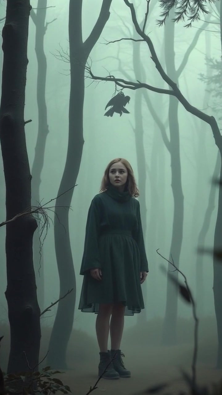 Subject: Ashley stands in a misty forest. Subject movement: She glances around suspiciously, her posture tense and alert among the thick fog and dense trees. Scene: Enveloped in an eerie forest where towering trees loom, their trunks shrouded in mist, creating an atmospheric sense of mystery. Lighting: Soft, diffused light filtering through the fog adds an ethereal quality to the scene. Motion: Camera gently dolly in closer to Ashley, capturing her expressions as she scans her surroundings, enhancing the suspense of the moment.
