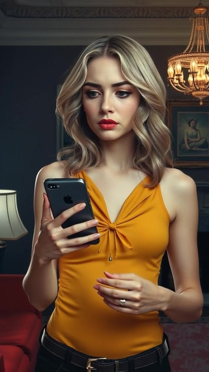 Subject: A woman standing in an elegant living room, holding her phone. Subject movement: The woman glances around anxiously as she paces slightly, conveying her worry. Scene: Stylish living room adorned with tasteful decorations, soft furnishings, and warm lighting. Style: Soft ambient light spilling in from a window, creating a cozy yet tense atmosphere. Motion: Camera gradually pushes in on the woman, capturing her worried expression as she shifts her weight.