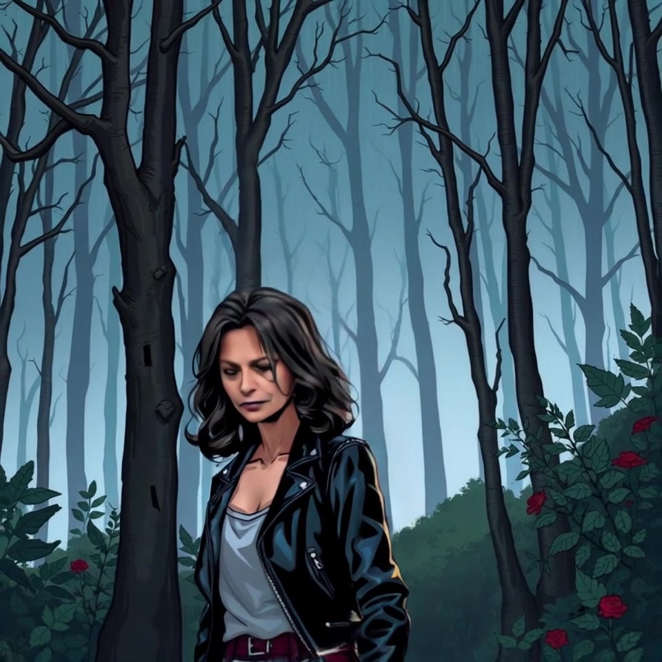 Subject: Asha at the edge of the forest, observing her surroundings with a watchful gaze. Subject movement: Asha shifts her weight slightly from side to side, her brow furrowing as she scans the dense woods. Scene: The outskirts of a mysterious forest, with towering trees and dappled sunlight filtering through the leaves. Style: Soft, dappled lighting enhances the green hues, creating a serene yet slightly tense atmosphere. Motion: The camera begins with a close-up on Asha's face, capturing her expression before gradually pulling back to reveal the forest backdrop, emphasizing her isolation.