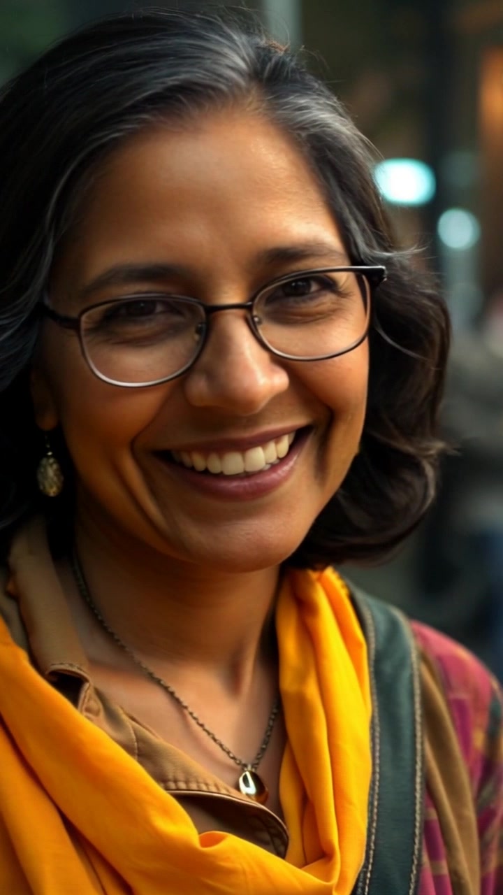 Subject: Asha's joyful face as she beams a bright smile. Scene: A close-up of Asha's face, illuminated with soft, ambient lighting that enhances her expression of happiness. Motion: The camera gently pushes in to capture her smile more intimately, with warm lighting enveloping her features, creating an inviting atmosphere.