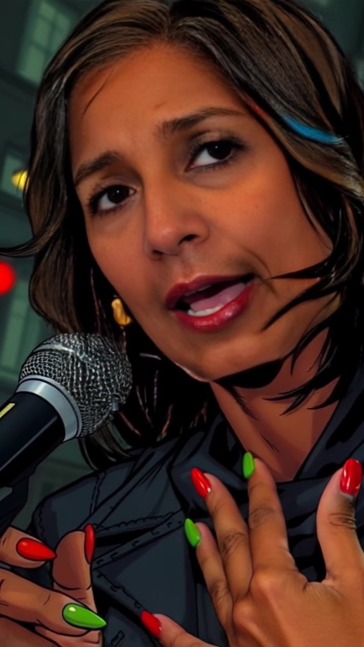 Subject: Asha, speaking confidently into a microphone. Subject movement: She gestures expressively as she emphasizes her message, exuding determination. Scene: A close-up of Asha in a well-lit studio, with sound equipment and a blurred background hinting at a lively atmosphere. Style: Bright, focused lighting highlighting her features with a soft bokeh effect in the background. Motion: Camera slowly zooms in on Asha's face, capturing her passionate expression, and then shifts to a medium shot, revealing her animated gestures in the context of an engaging conversation.