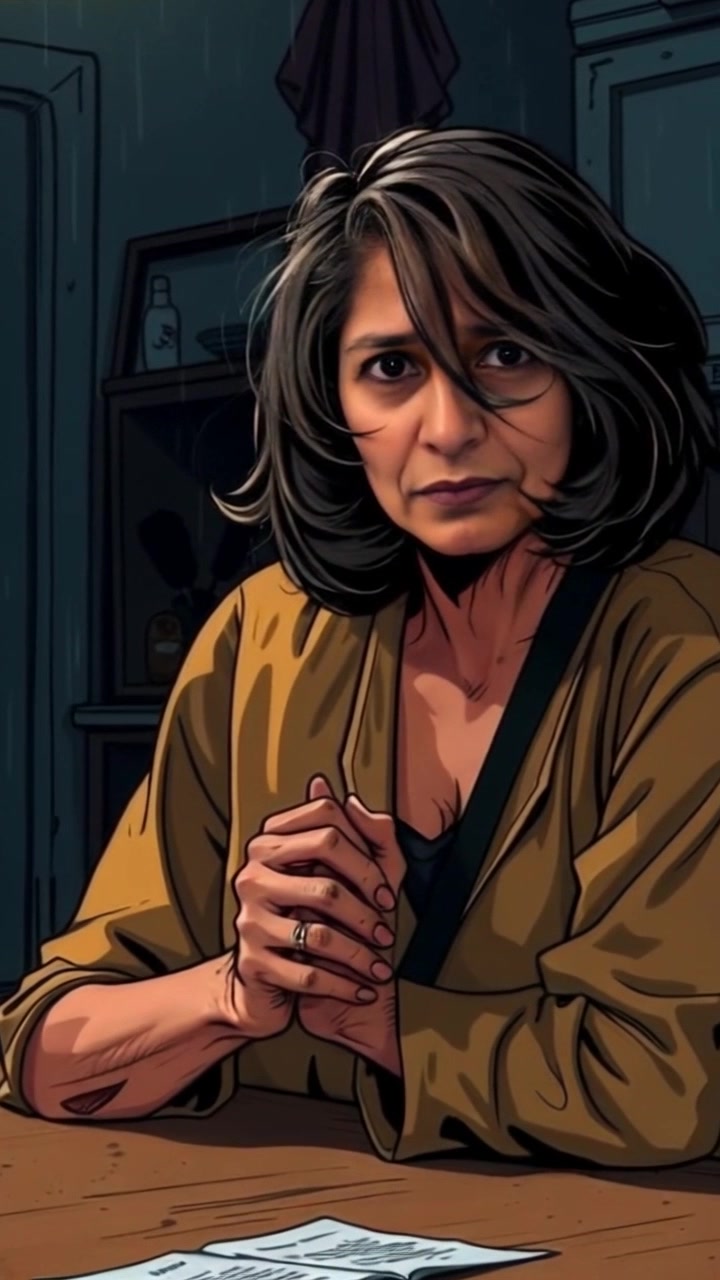 Subject: A worried individual named Asha sitting at a wooden table. Subject movement: Asha shifts nervously in her seat, glancing around the dimly lit kitchen. Scene: Intimate kitchen setting, softly illuminated with warm, muted lighting that casts gentle shadows. Motion: The camera slowly dolly-in, focusing on Asha's anxious expression while the background subtly blurs, emphasizing her emotional state.