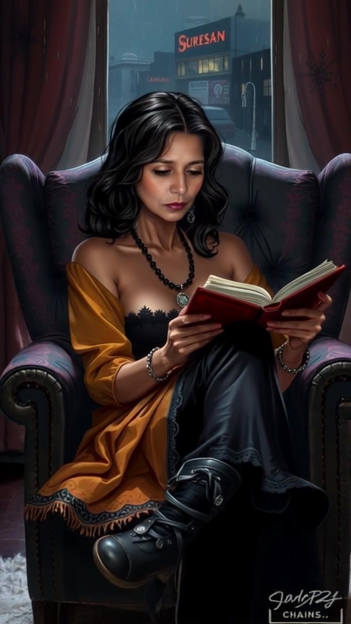 Subject: Asha immersed in a captivating book. Subject movement: She shifts slightly in the cozy armchair, her expression changing as she turns the pages. Scene: A warm, inviting living room with soft lighting, adorned with bookshelves filled with colorful volumes and a plush rug underfoot. Style: Ambient golden-hour light filters through a nearby window, casting gentle shadows. Motion: The camera starts with a close-up of Asha's hands on the book and then smoothly pulls back to reveal her serene expression and the cozy atmosphere of the room.