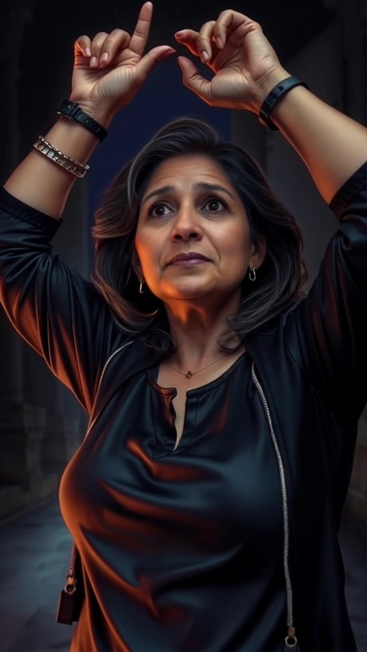 Subject: Asha, with tears in her eyes, stands in a dimly lit room, her arms raised in anguish. Scene: Dimly lit room filled with shadows, creating a somber atmosphere. Style: Soft, moody lighting accentuates Asha's emotional state, her expression depicting deep sorrow. Motion: The camera slowly pushes in towards Asha, capturing her emotional turmoil, while the background subtly shifts in and out of focus, enhancing the feeling of isolation.