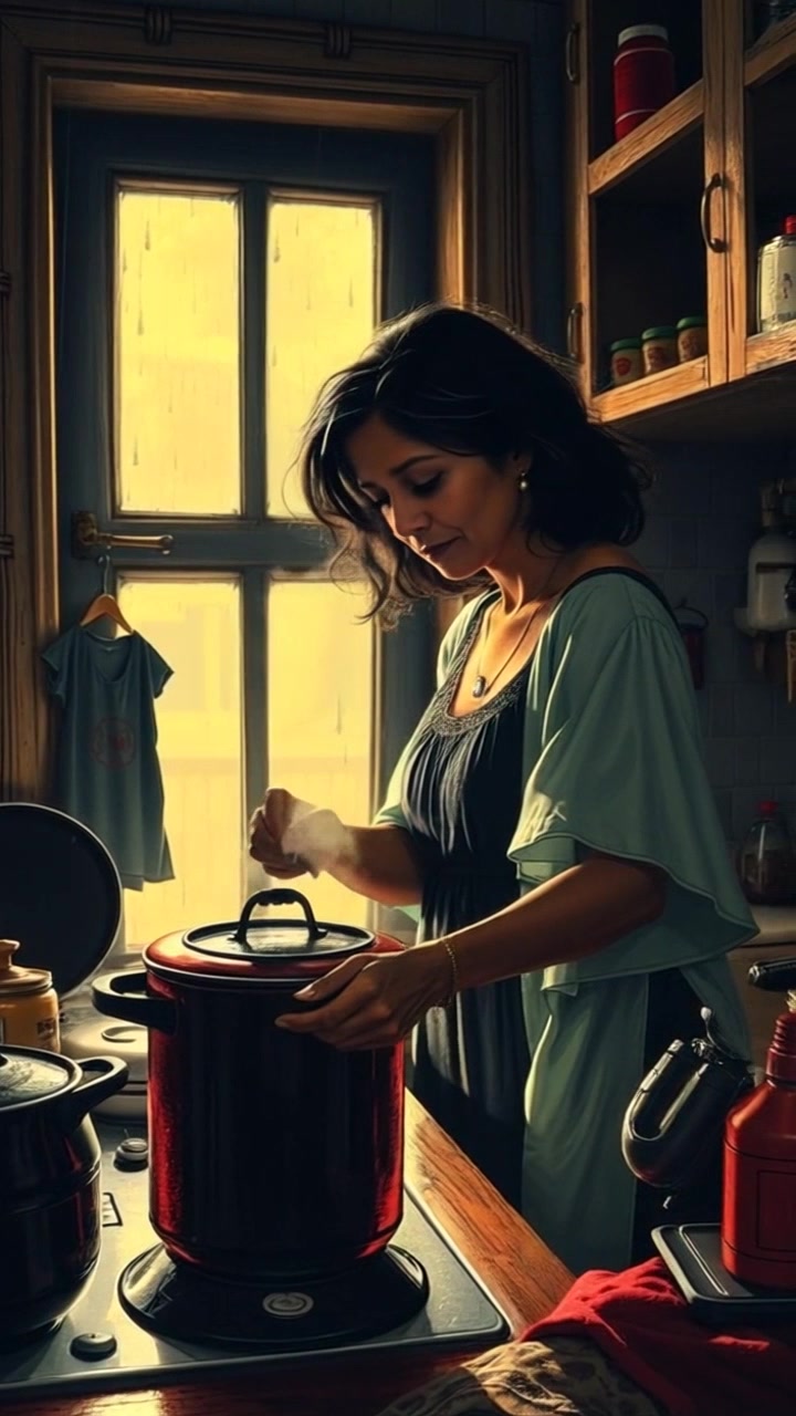 Subject: Asha stirring a pot on the stove. Subject movement: Asha gently stirs the contents of the pot, her movements fluid and focused. Scene: A cozy kitchen bathed in sunlight, with warm colors and charming decor enhancing the inviting atmosphere. Style: Soft morning light filters through the window, illuminating the space with a golden glow. Motion: The camera slowly dolly in towards Asha from a side angle, capturing the steam rising from the pot, creating a close connection with the cooking process.