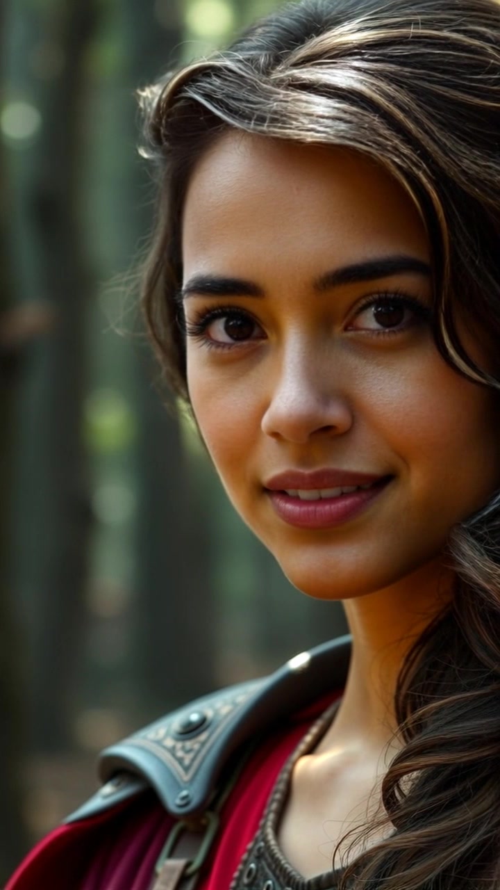 Subject: A confident young woman smiling with determination. Subject movement: She gazes steadily into the camera, shifting her weight slightly from one foot to the other. Scene: Close-up of the woman against a softly blurred forest background, with greenery surrounding her. Style: Natural lighting filtering through the trees, creating a warm and inviting atmosphere. Motion: The camera slowly pushes in for an intimate framing of her expression, focusing on the determination in her eyes, while the forest softly sways in the background.