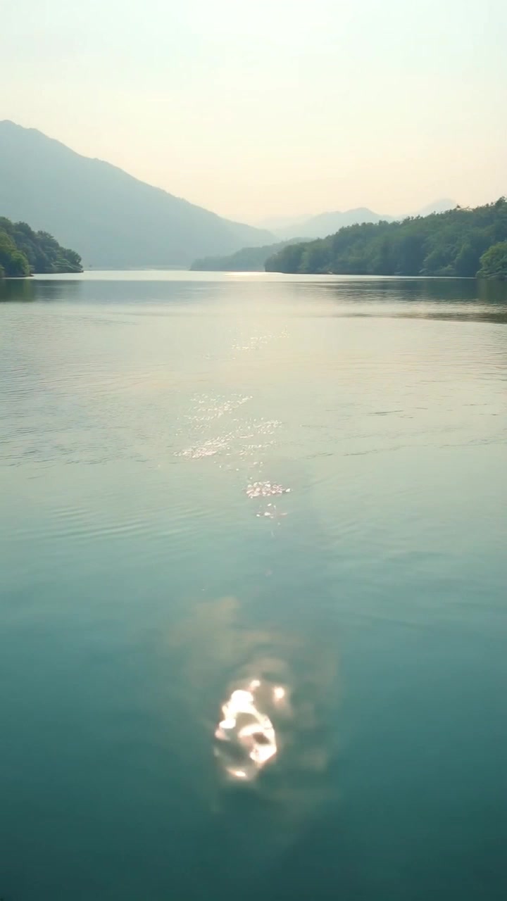 Subject: A young woman standing at the edge of a serene lake, lost in thought. Subject movement: She shifts her weight slightly, gazing contemplatively at the water's surface. Scene: A tranquil lake surrounded by lush greenery and soft rippling water under a clear blue sky. Lighting: Soft, natural light glistening on the water creates a peaceful ambiance. Motion: The camera gently pans from a close-up of her face to a wide shot of the lake, capturing the surrounding nature and the sense of calm.