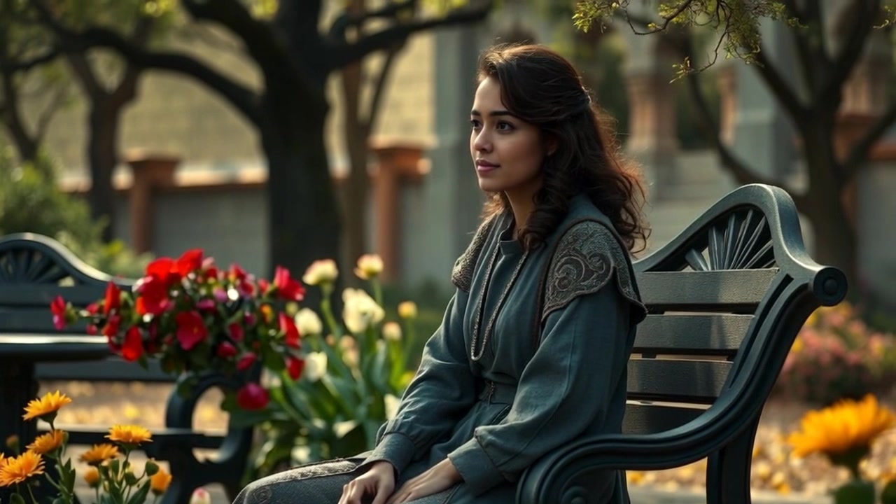 Scene: A serene outdoor setting in a blooming park, with vibrant flowers surrounding a wooden bench where a figure sits pensively. Style: Soft morning light filtering through the trees, casting gentle shadows and enhancing the colors of the blossoms. Motion: The camera begins with a slow, smooth push-in towards the contemplative figure, capturing the tranquility of the moment as the lush flowers sway gently in the breeze.