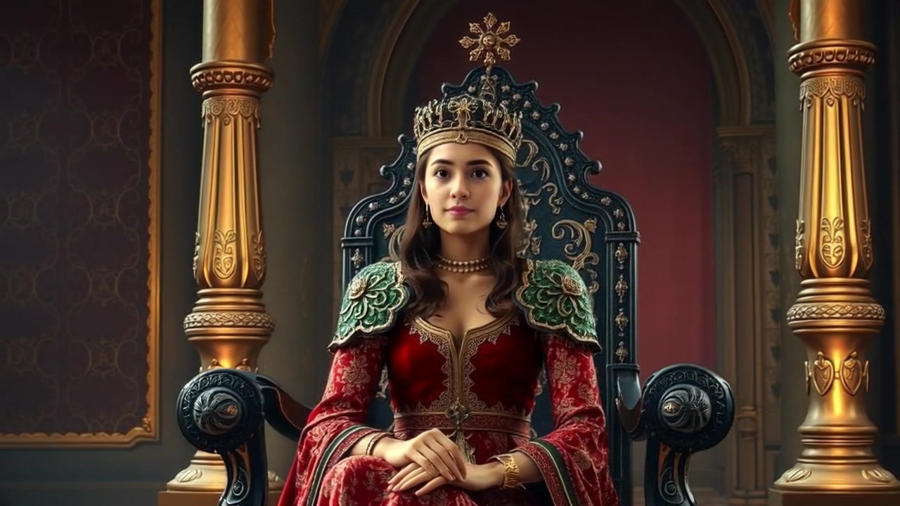 Subject: A regal figure confidently seated on an ornate throne in a grand throne room. Subject movement: Laila gazes thoughtfully around the room, exuding authority and grace. Scene: Grand throne room adorned with opulent decorations and rich tapestries. Style: Soft, ambient lighting illuminates the space, creating a warm and inviting atmosphere. Motion: Camera slowly pans across the throne room, capturing intricate details of the surroundings, before focusing on Laila's poised demeanor on the throne.