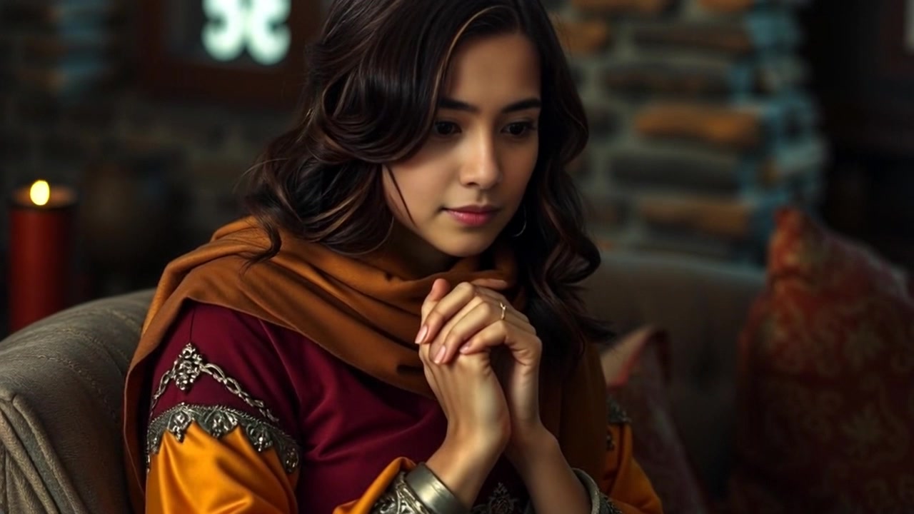 Subject: A person sitting on a couch, hands clasped thoughtfully. Scene: Cozy living room with soft furnishings and warm color tones, reflecting an inviting atmosphere. Style: Ambient lighting that highlights the softness of the space. Motion: The camera begins with a close-up of the person's hands, then gently pulls back to reveal the thoughtful expression on their face while maintaining a subtle, calming movement.