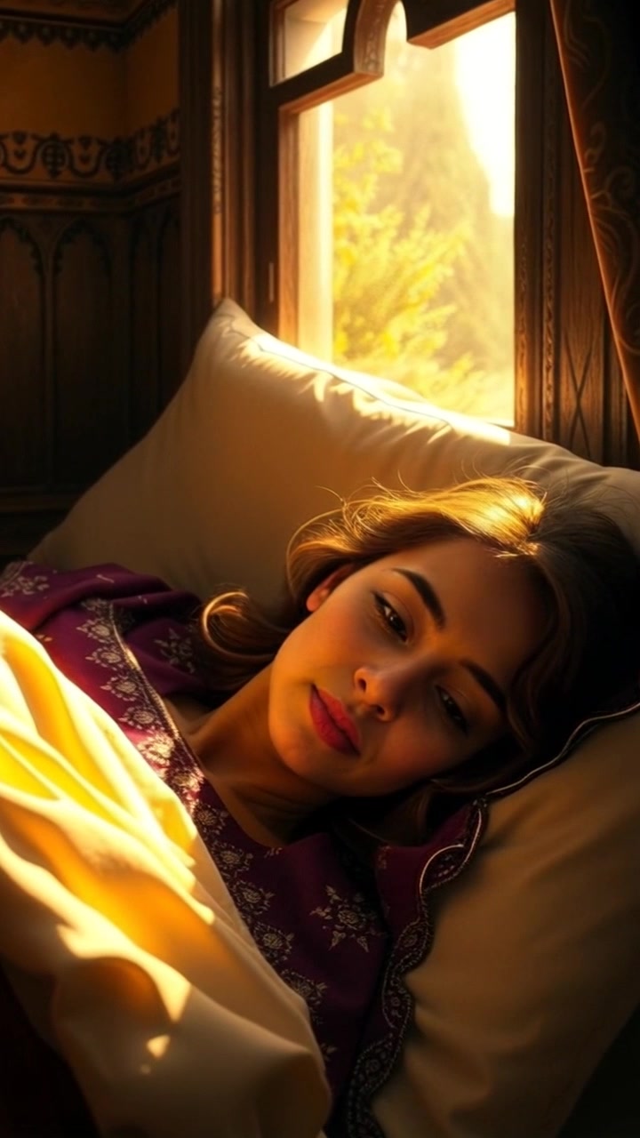 Subject: Laila waking up in bed. Subject movement: Her eyes gradually open as she stretches slightly against the warm sheets. Scene: A cozy bedroom bathed in golden morning light, with soft shadows creating a serene atmosphere. Style: The sunlight streams through a nearby window, casting gentle patterns on the bed. Motion: The camera slowly pushes in from a wide shot, capturing the inviting warmth of the space, zooming in on Laila's peaceful expression.
