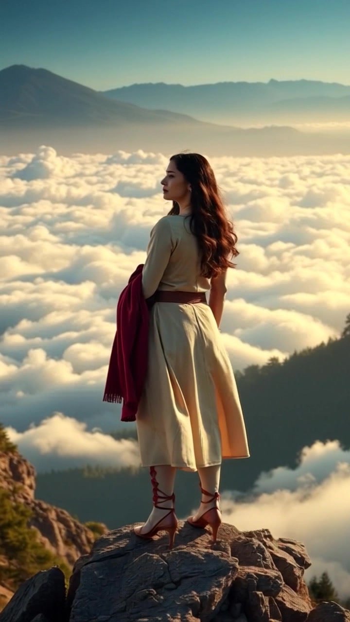 Subject: A confident figure standing atop a mountain. Subject movement: The figure gazes out over a valley filled with clouds, with gentle winds causing their hair to sway slightly. Scene: Breathtaking mountain top view overlooking a sea of clouds in the valley below. Style: Bright morning light illuminating the scene with soft shadows. Motion: Camera slowly pushes in from a wide angle, capturing the expansive landscape, and then transitions to a closeup of the figure's expression, evoking a sense of awe and adventure.