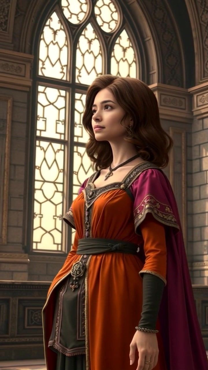 Subject: A regal figure standing in a grand palace hall. Subject movement: The figure, dressed in royal attire, gazes thoughtfully out a large window, her attire flowing slightly with a gentle breeze. Scene: The opulent palace hall, adorned with intricate decorations and lavish furnishings, serves as a backdrop. Style: Ambient morning light filtering through the window, casting soft shadows across the polished marble floor. Motion: The camera slowly pushes in to capture the thoughtful expression and elegant details of the royal attire, creating a sense of intimacy within the grandeur of the setting.