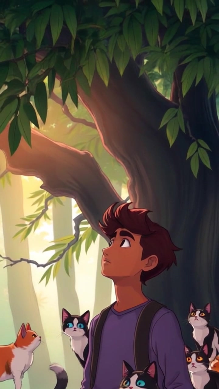 Subject: A person standing anxiously under a tall tree. Subject movement: The individual shifts their weight from one foot to the other, glancing nervously up at the empty branches above. Scene: Lush jungle environment with dense foliage and dappled sunlight filtering through the leaves. Style: Warm, filtered light creating a serene yet tense atmosphere. Motion: The camera slowly pushes in, capturing the individual's facial expressions, before tilting upward to reveal the sprawling canopy, enhancing the feeling of isolation.