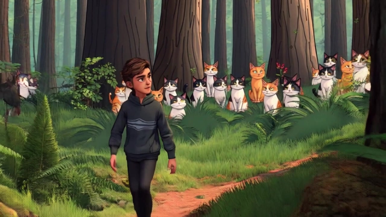 Subject: A figure walking cautiously through the dense forest underbrush. Subject movement: The figure moves slowly, carefully stepping over roots and ferns while scanning the surroundings. Scene: A lush, green forest filled with towering trees and a thick carpet of foliage, sunlight filtering through the canopy. Style: Dappled afternoon light spilling through the treetops, casting shifting shadows on the ground. Motion: Handheld camera tracking shot closely following the figure's movement, weaving through the trees and underbrush, creating an immersive and intimate atmosphere.
