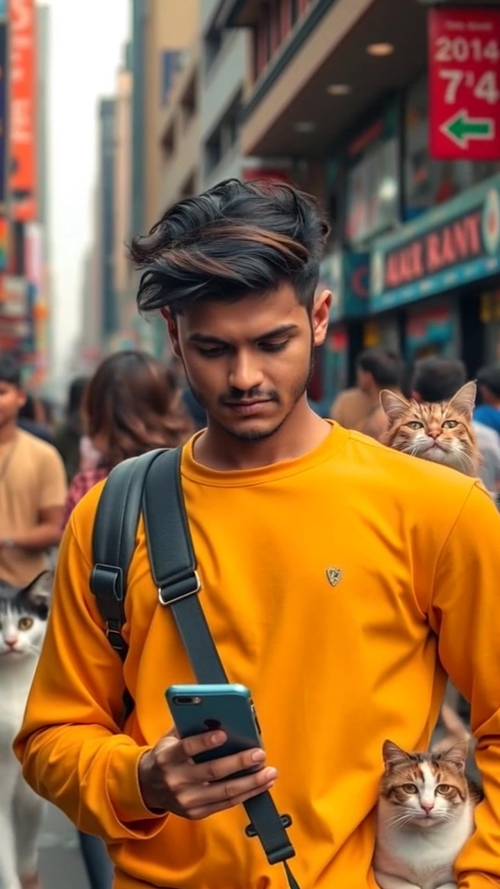 Subject: A young man standing still on a bustling street, engrossed in his phone. Scene: A vibrant urban environment filled with people moving quickly in various directions, shops lining the street, and colorful signs illuminating the surroundings. Style: Daylight, creating a bright and inviting atmosphere. Motion: The camera slowly zooms in on the young man, focusing on his expression as people rush past him, blurring slightly to emphasize the busyness of the street.