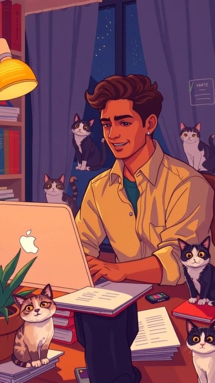 Scene: A focused individual typing on a laptop at a cluttered desk surrounded by books and papers, illuminated by the soft glow of a desk lamp during the night. Style: Warm, ambient lighting creates a cozy but intense atmosphere, accentuating the details of the surrounding clutter. Motion: The camera slowly pushes in on the desk, capturing the intensity and diligence of the individual, while gently tilting upwards to reveal the scattered books and papers, immersed in the night-time study.