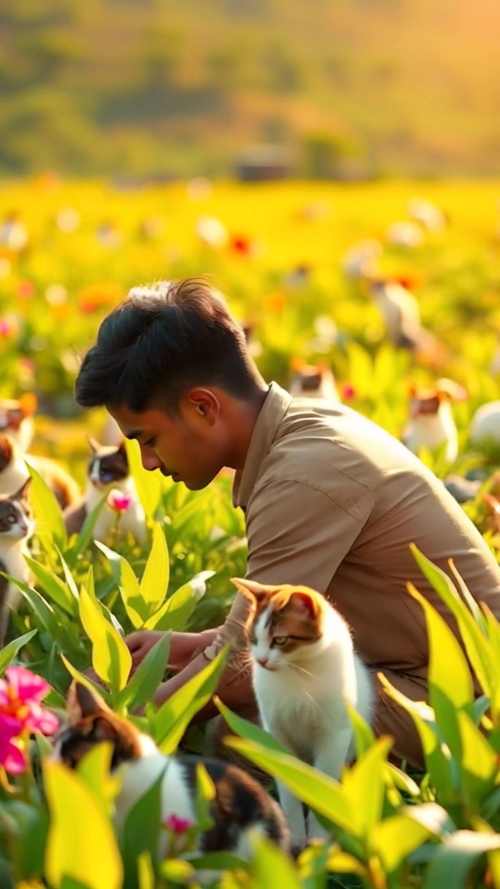 Subject: A farmer working diligently in a vibrant field. Subject movement: Arjun is seen sowing seeds, rhythmically bending down and standing up as he moves through rows of blooming crops. Scene: A sunny agricultural landscape, surrounded by rich, lush greenery and colorful flowers swaying gently in the breeze. Lighting: Bright sunlight casting warm, golden tones over the scene. Motion: The camera executes a smooth dolly in towards Arjun, capturing the details of his focused expression and the thriving crops, while the sunlight creates a shimmering effect through the leaves.